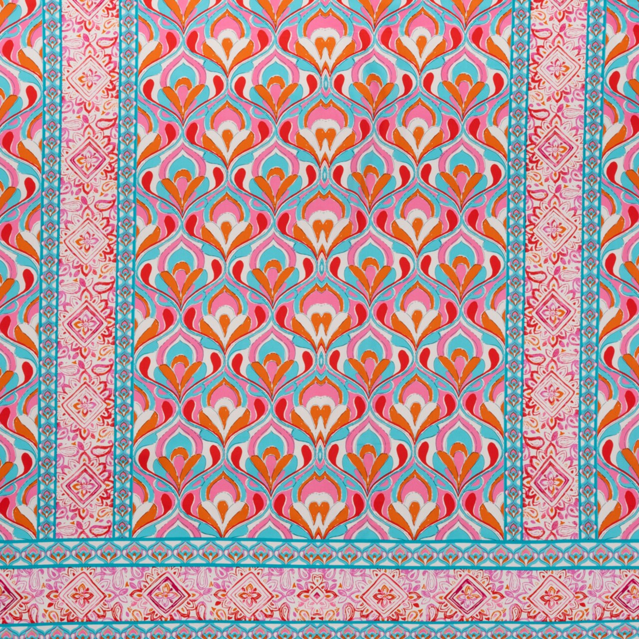 1 Panel Stretch Cotton Sateen Panel Turquoise, Pink and Orange Floral Ogees and Stripes Designer Deadstock